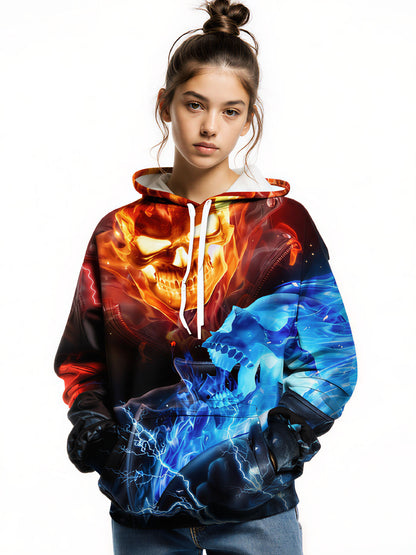 Unisex 3D All Over Print Hoodie Fire and Ice Skull Streetwear Pullover Soft Comfortable Cotton Blend