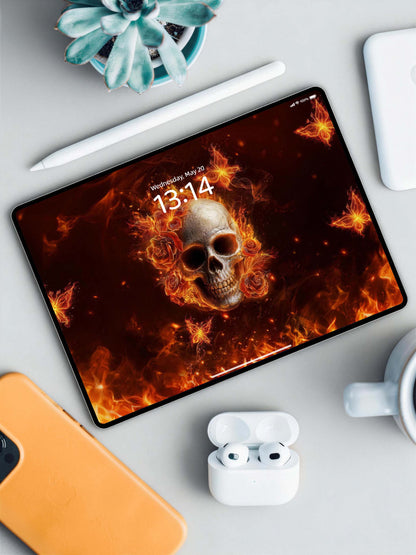 Fire Butterfly Floral Skull Digital Wallpaper