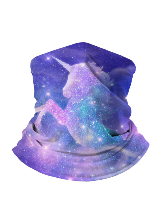 Neck Gaiter with 3D all over print galaxy nebula unicorn design, Aesthetic style, unisex, breathable fabric, soft stretchy, UV protection for outdoor activities