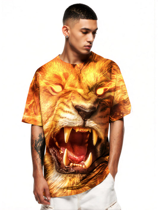 3D All Over Print Lion Roar T-Shirt for Men Women Fiery Animal Graphic Streetwear