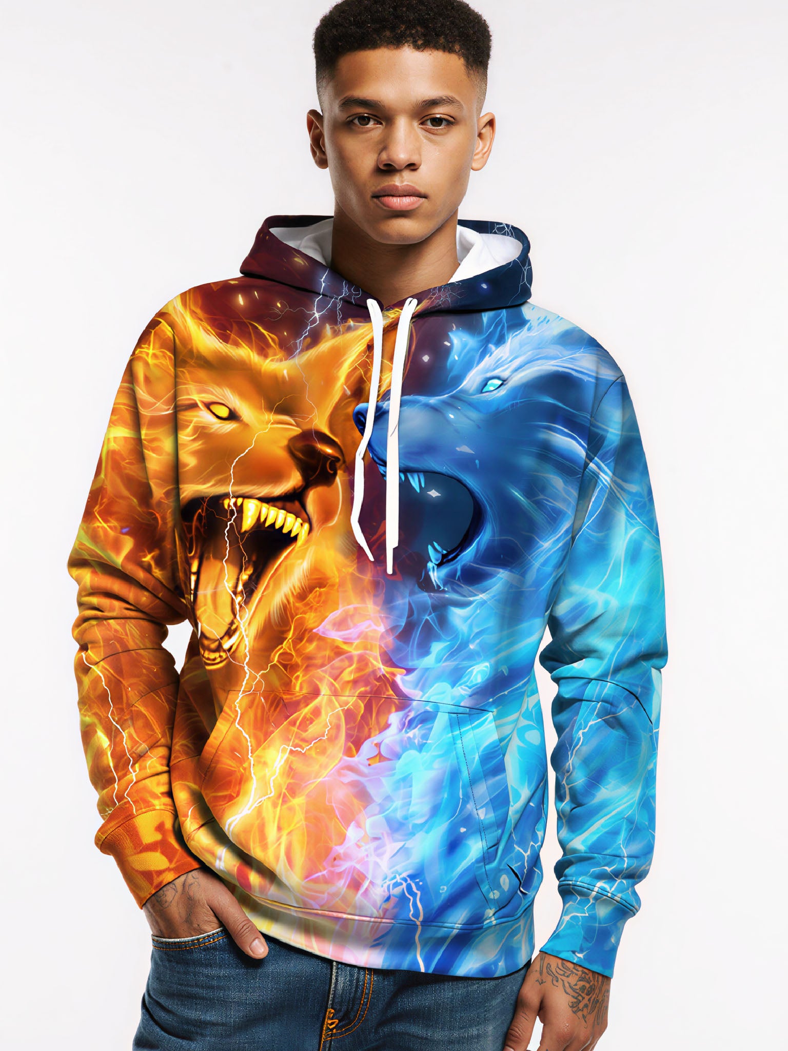 Fire & Ice Dual Wolf 3D Print Hoodie | Lightning Galaxy Graphic Pullover