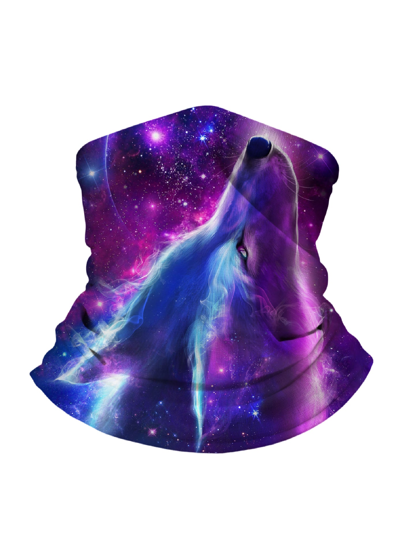 Unisex Neck Gaiter with 3D all over print featuring cosmic wolf howling in galaxy nebula for outdoor adventures