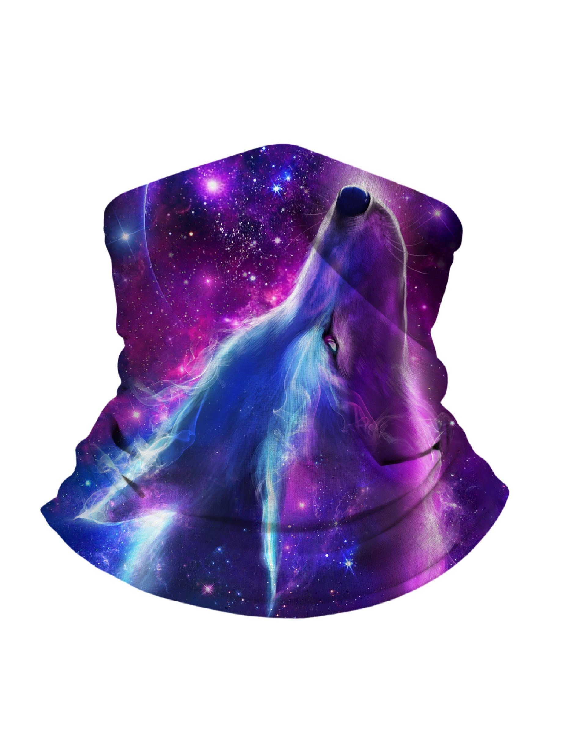 Unisex Neck Gaiter with 3D all over print featuring cosmic wolf howling in galaxy nebula for outdoor adventures