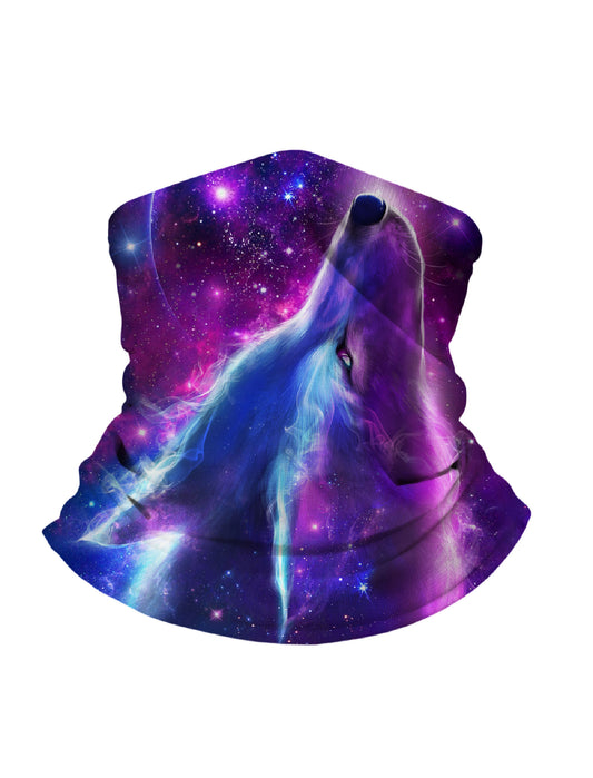 Unisex Neck Gaiter with 3D all over print featuring cosmic wolf howling in galaxy nebula, Aesthetic style, breathable fabric, windproof and durable print for outdoor adventures