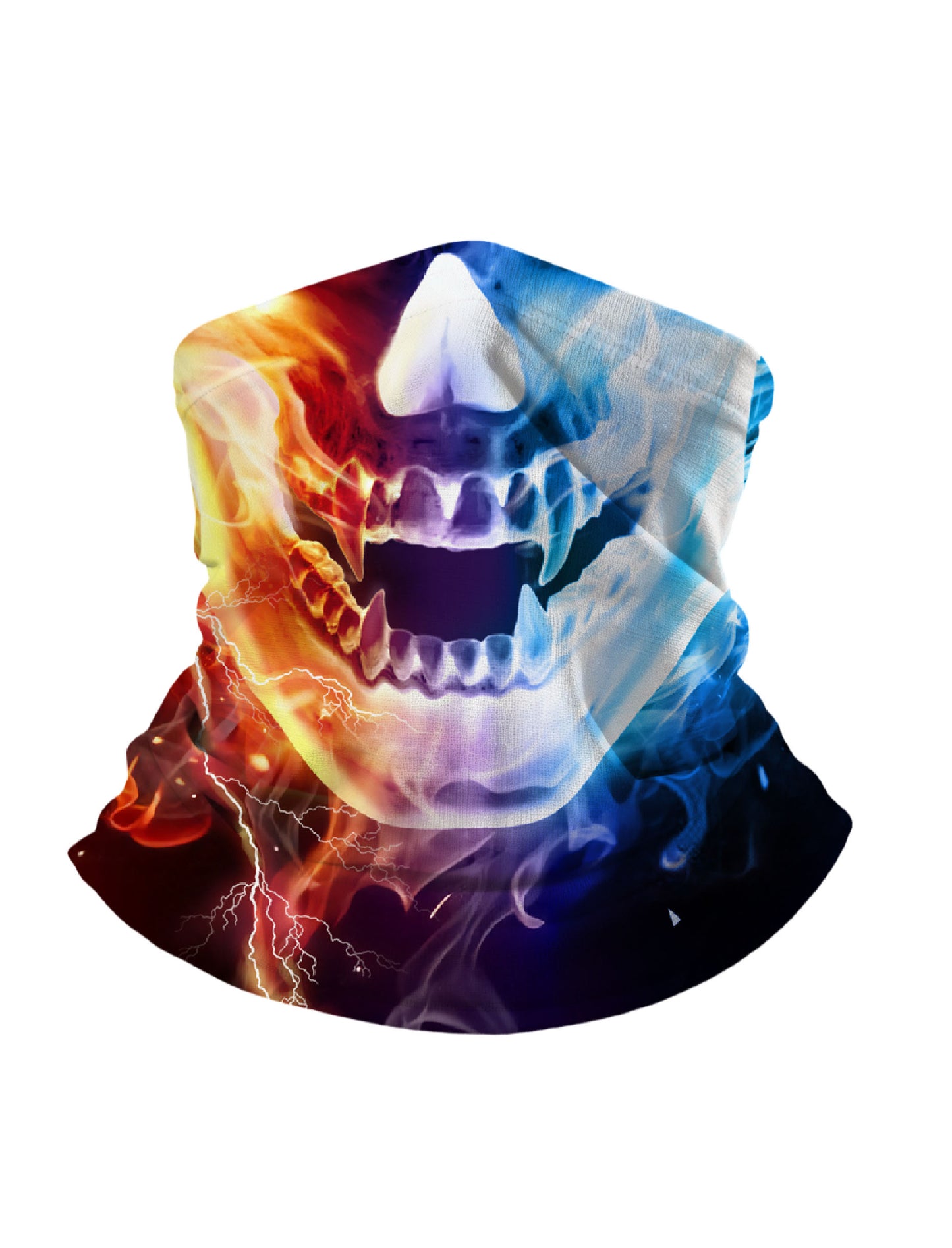 Tube Face Mask with 3D all over print graffiti skull design in fiery blue flame aesthetic for men women unisex breathable soft stretchy windproof