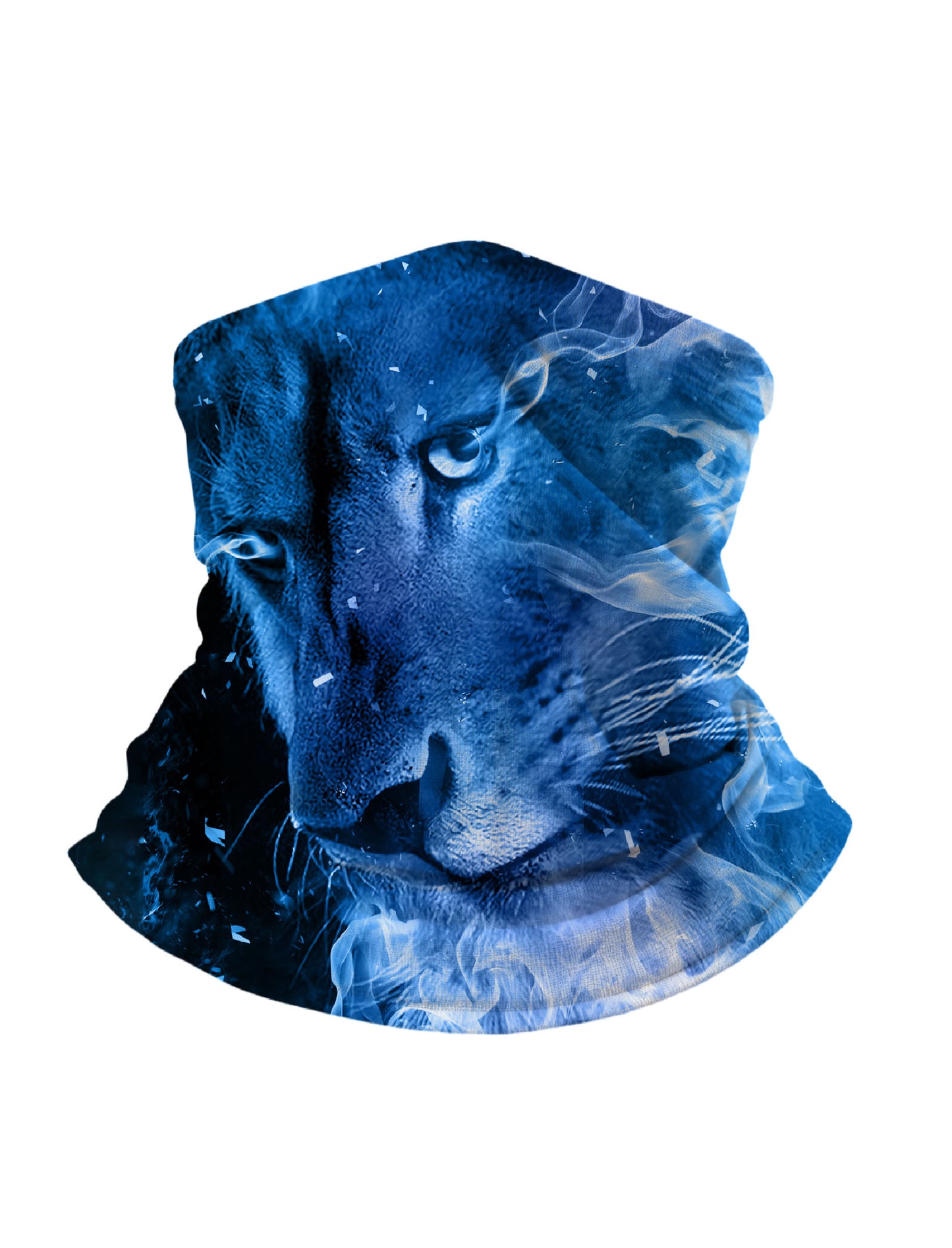 Unisex Neck Gaiter with 3D All Over Print featuring ethereal blue panther and smoke swirls, Streetwear aesthetic, breathable fabric, windproof, soft stretchy for outdoor use