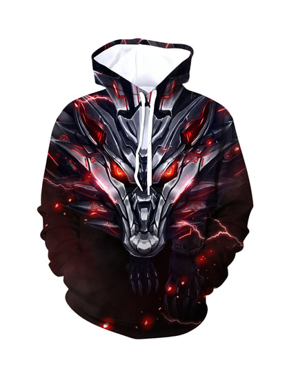 Men Women 3D All Over Print Dragon Hoodie with Red Lightning Glow Design
