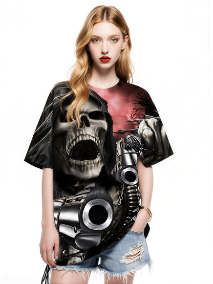 Men Women 3D Skull Reaper with Guns All Over Print T-Shirt Horror Graphic Design