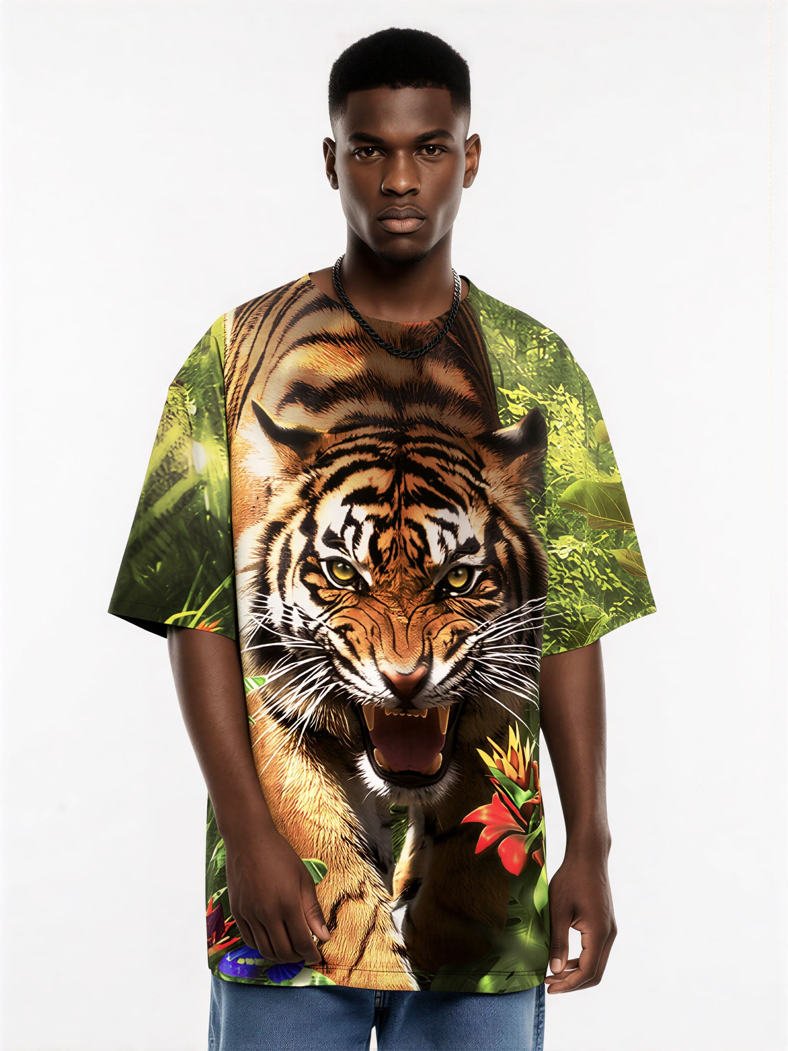 Tiger Jungle T-Shirt 3D All Over Print for Men Women, Wild Animal Graphic Sweatshirt with Butterfly Tropical Leaves