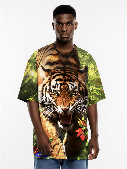 Tiger Jungle T-Shirt 3D All Over Print for Men Women, Wild Animal Graphic Sweatshirt with Butterfly Tropical Leaves