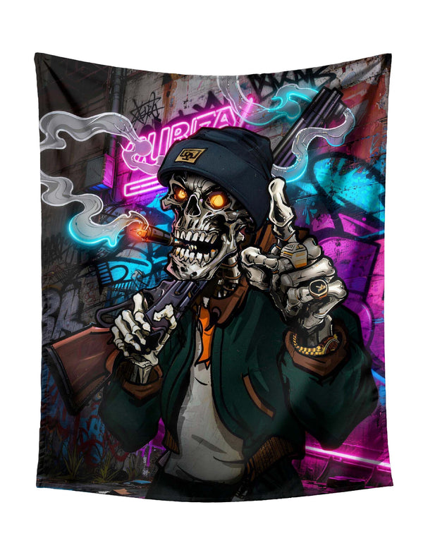 Gangster Skull with Black Beanie, Cigar & Rifle on Neon Graffiti Wall Tapestry - Edgy Hip-Hop Wall Hanging for Bold Home Decor