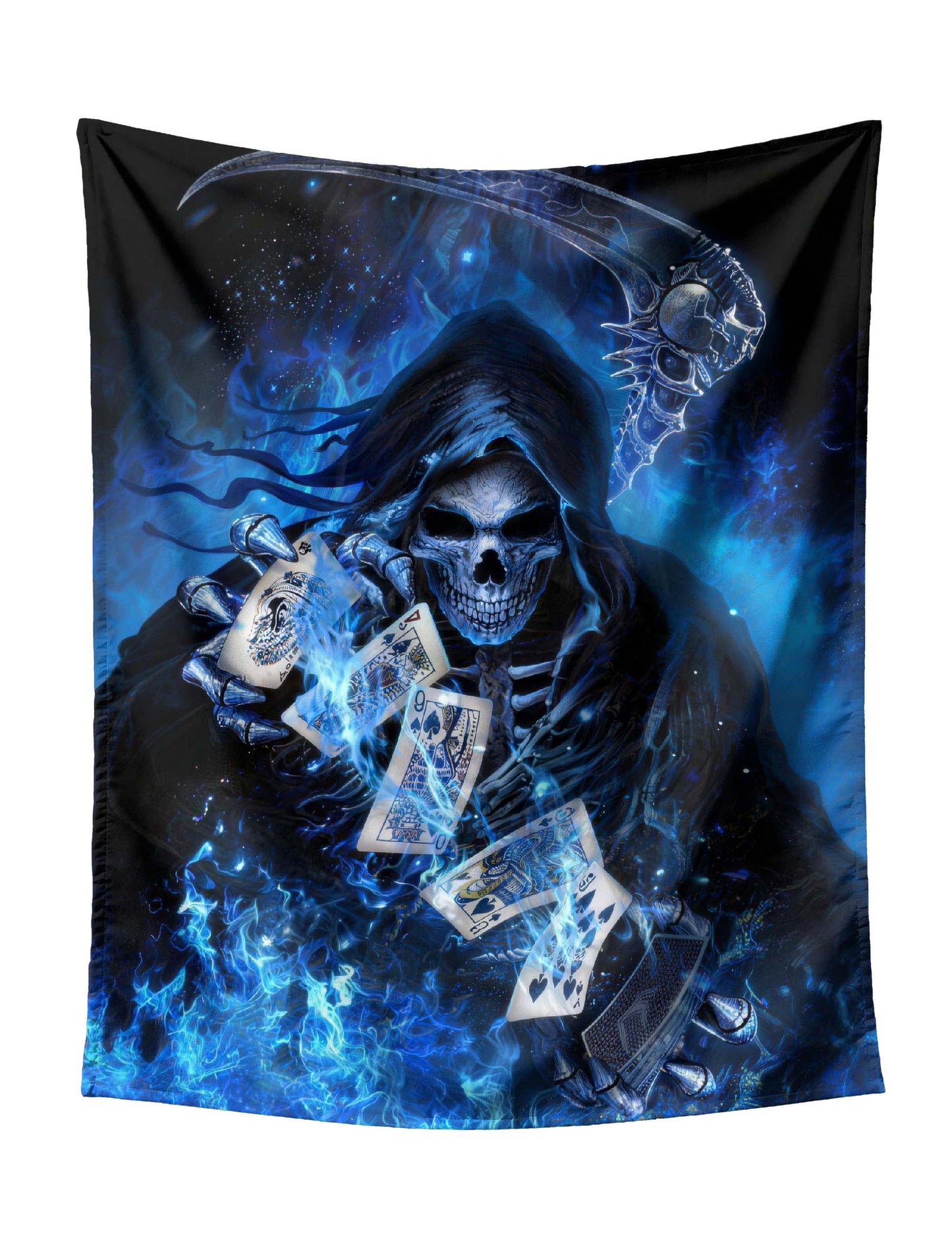 Grim Reaper Flipping Playing Cards With Blue Flames Tapestry - Intense Dark Art Wall Hanging for Bold Home Decor