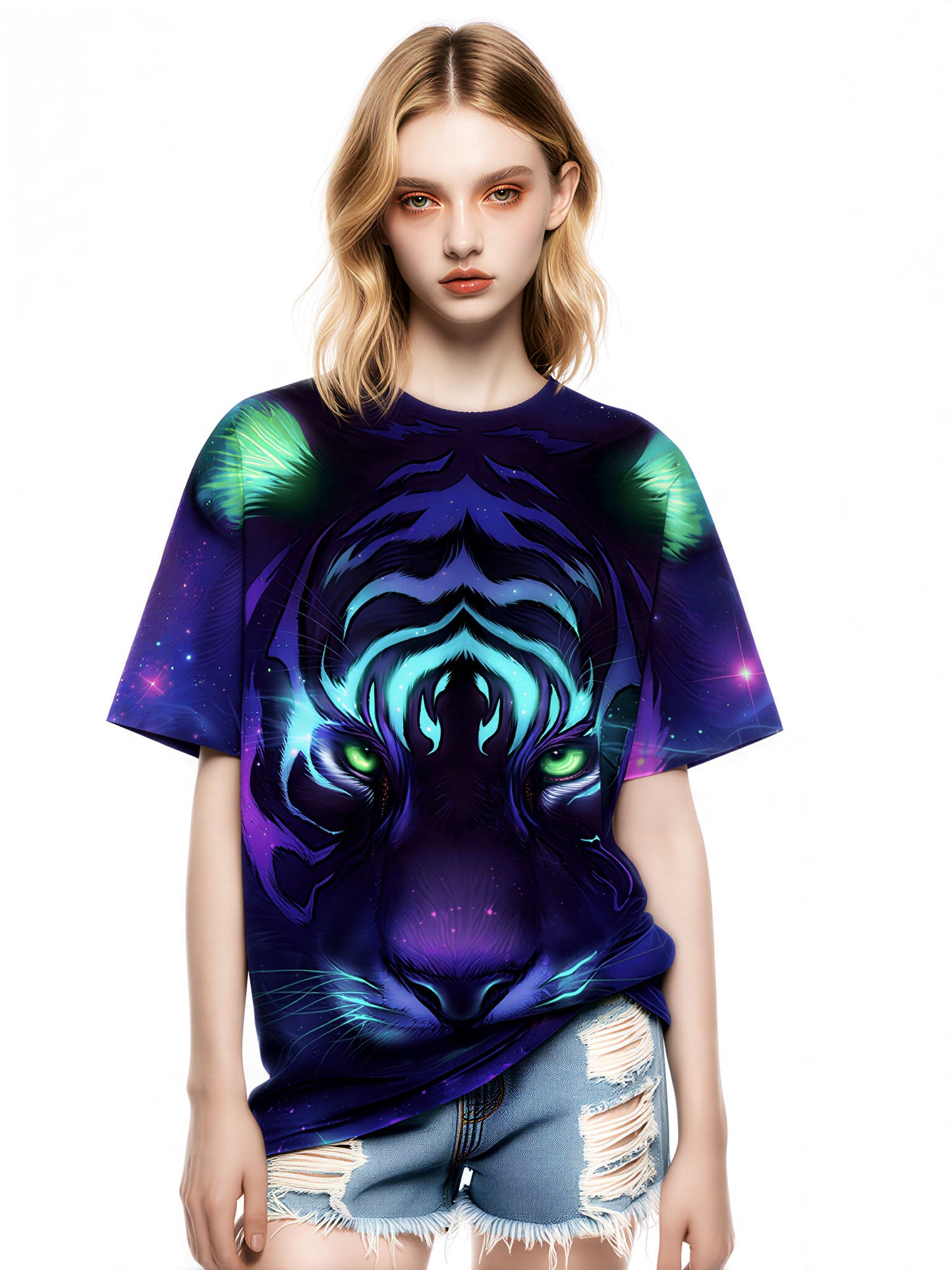 3D All Over Print Galaxy Tiger T-Shirt for Men Women, Cosmic Space Design, Vibrant Blue Purple Neon Style