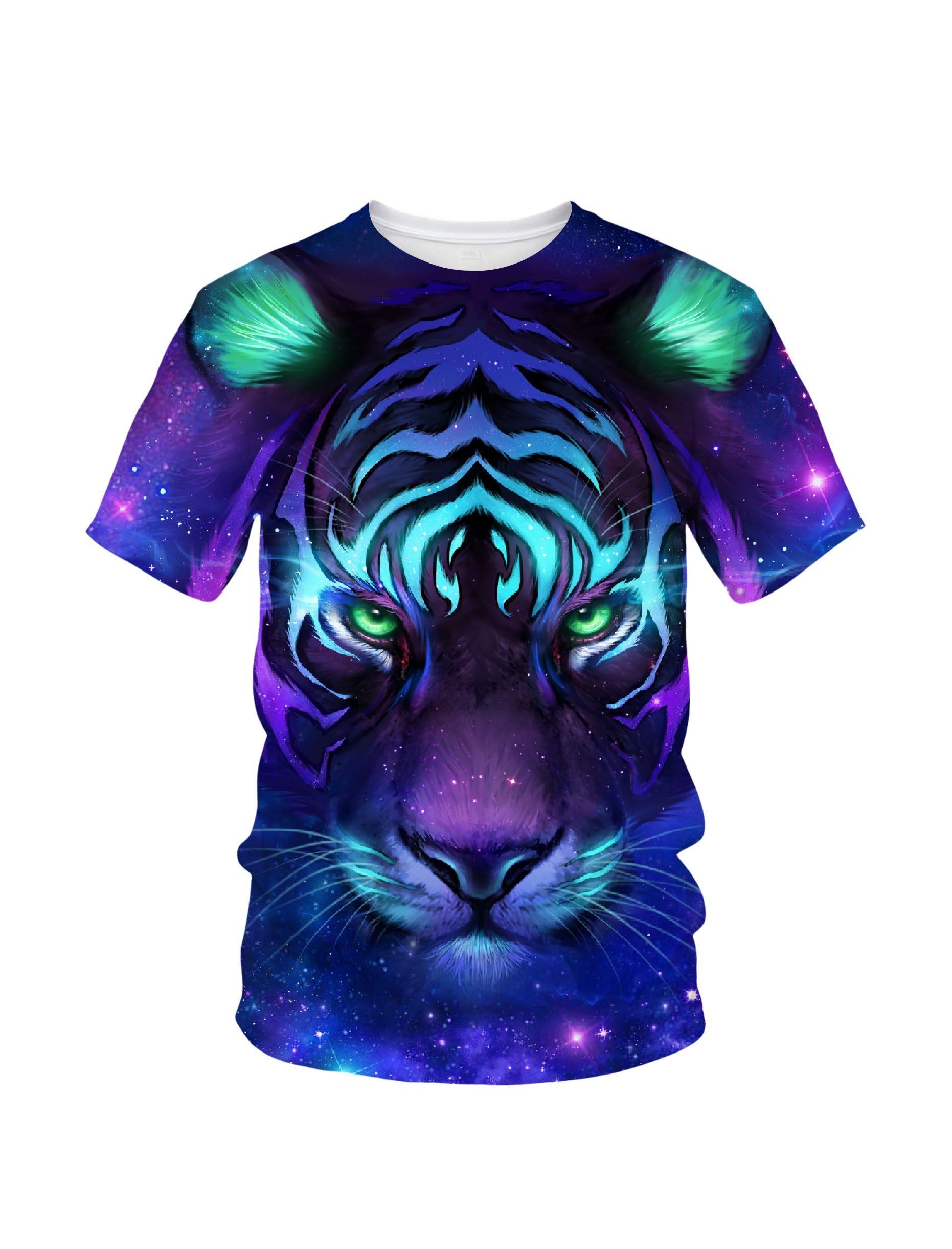 3D All Over Print Galaxy Tiger T-Shirt for Men Women, Cosmic Space Design, Vibrant Blue Purple Neon Style