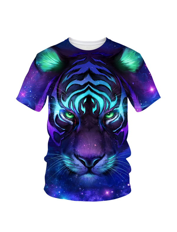 3D All Over Print Galaxy Tiger T-Shirt for Men Women, Cosmic Space Design, Vibrant Blue Purple Neon Style