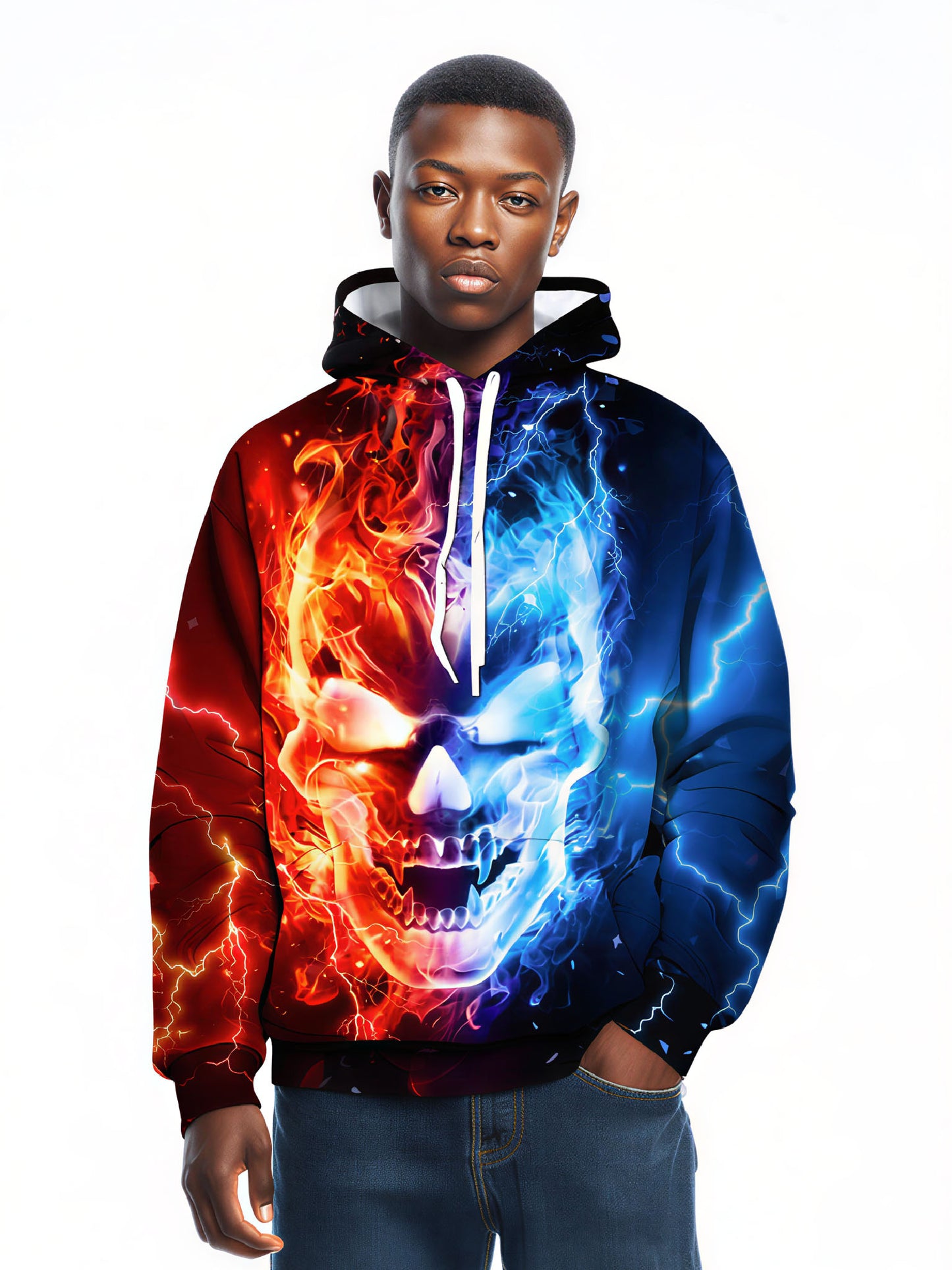 Hoodie 3D All Over Print Fire Ice Skull Streetwear Unisex Cotton Blend Soft Fit