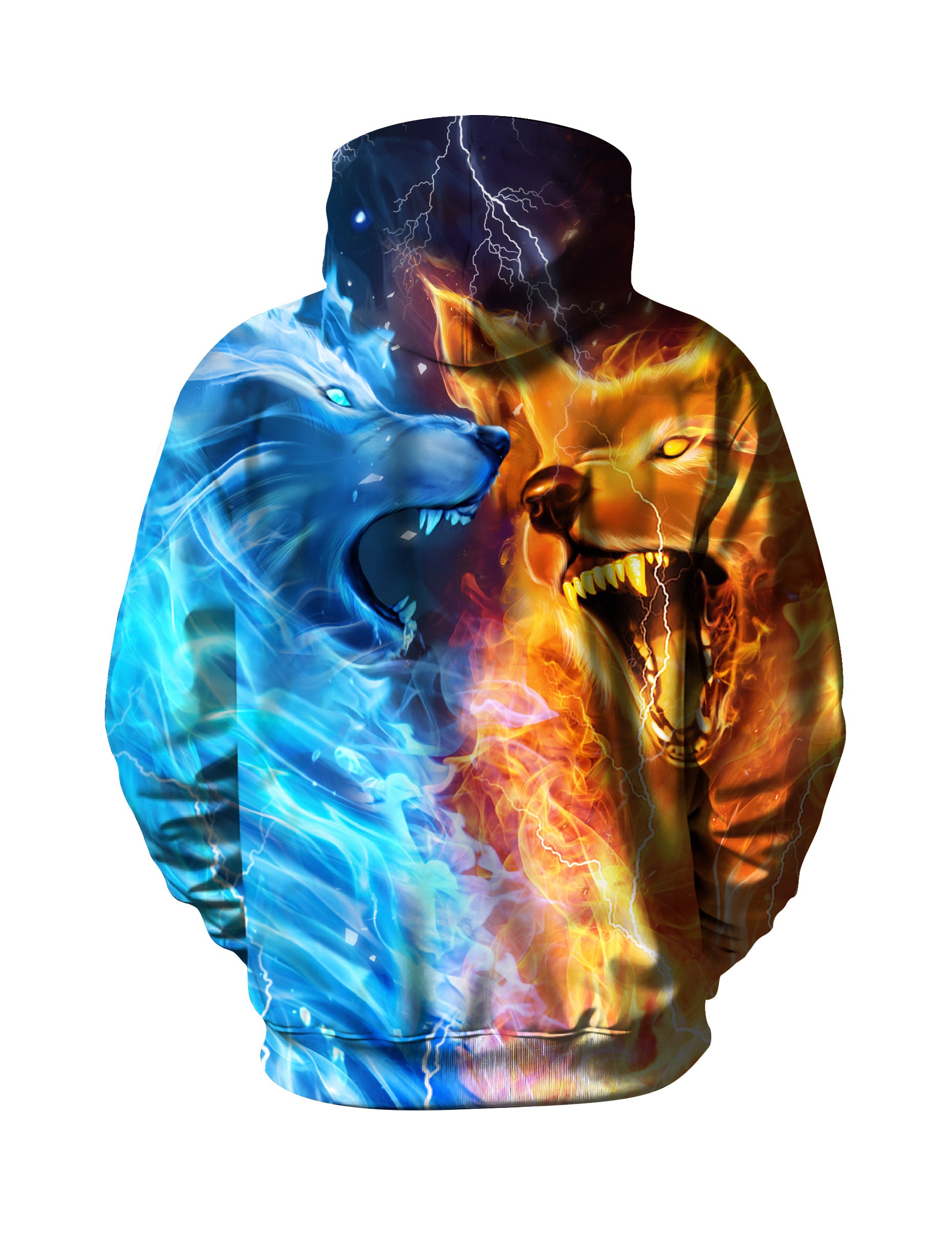 Fire & Ice Dual Wolf 3D Print Hoodie | Lightning Galaxy Graphic Pullover
