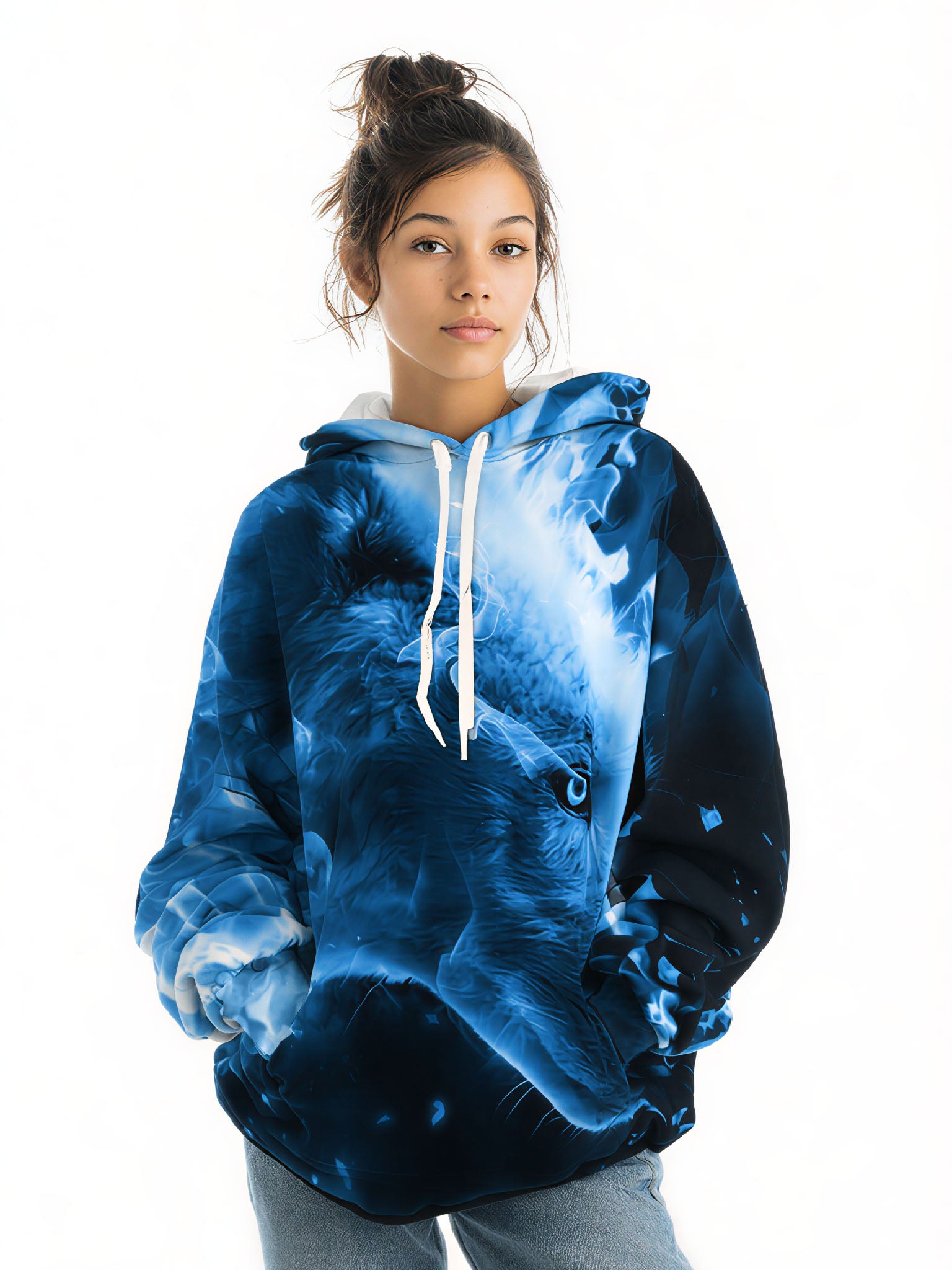 Unisex 3D All Over Print Hoodie with Blue Flame Wolf Design Aesthetic Streetwear