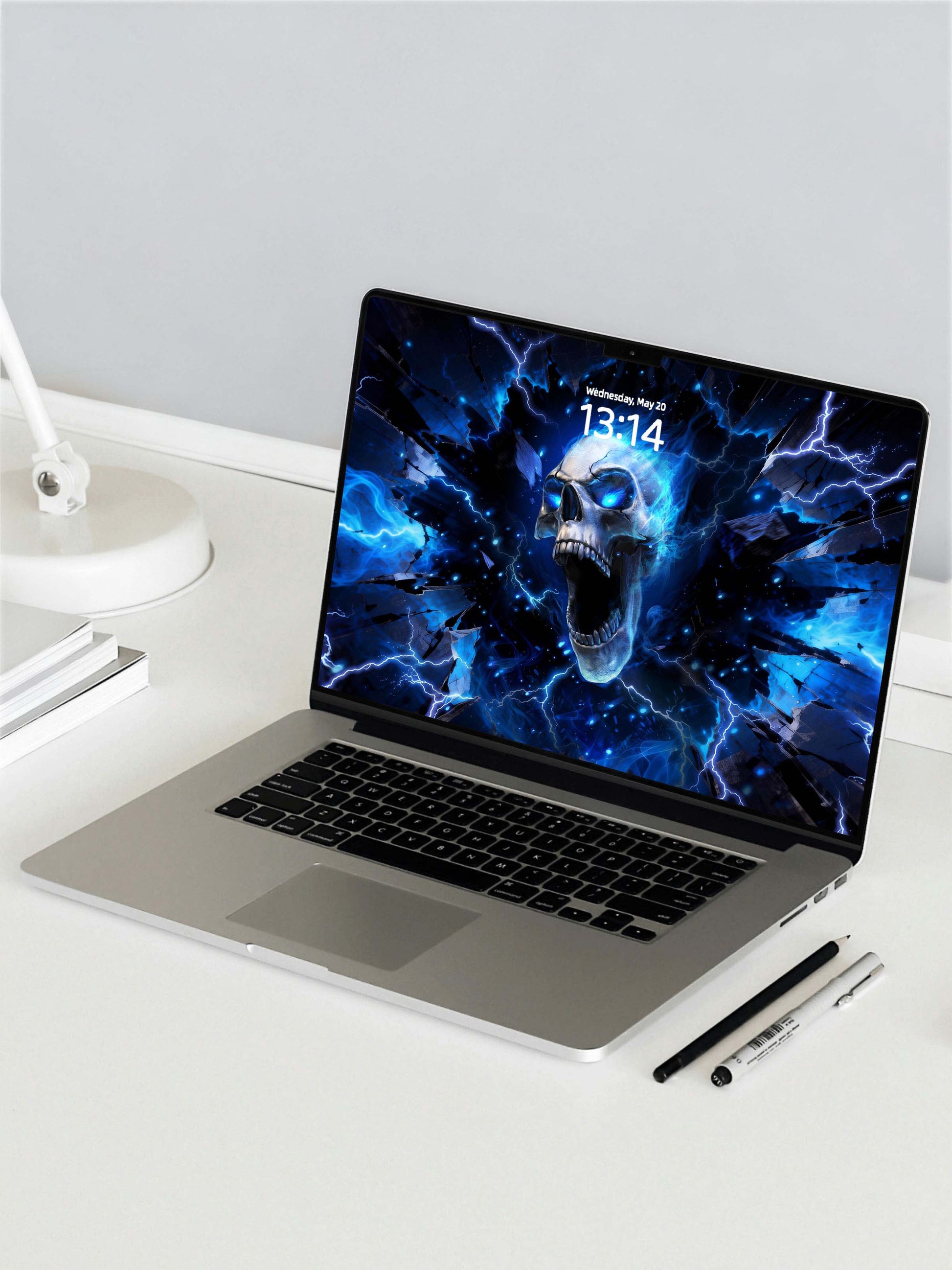 Roaring Blue Flame Skull Digital Wallpaper