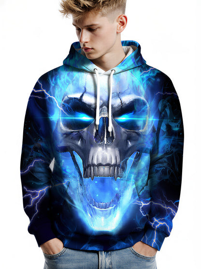 Men Women 3D All Over Print Skull Lightning Hoodie Glow Blue Horror Style Sweatshirt