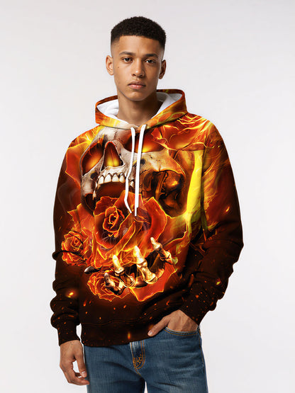 Flaming Skull Rose 3D All Over Print Hoodie Unisex Streetwear Cotton Blend