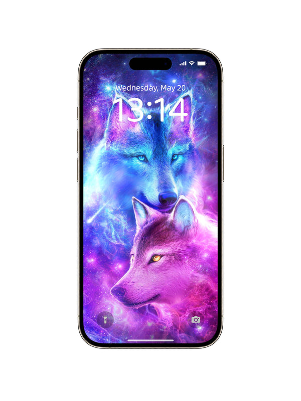 Double Galaxy Wolves Couple Digital Wallpaper