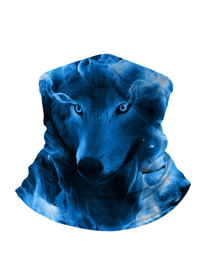 Tube Face Mask with 3D all over print featuring mystical blue wolf and smoke effect, Aesthetic streetwear unisex design, breathable fabric and windproof for outdoor use