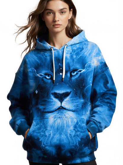 Blue Lion 3D All Over Print Hoodie for Men Women, Ice Fire Graphic Pullover Sweatshirt