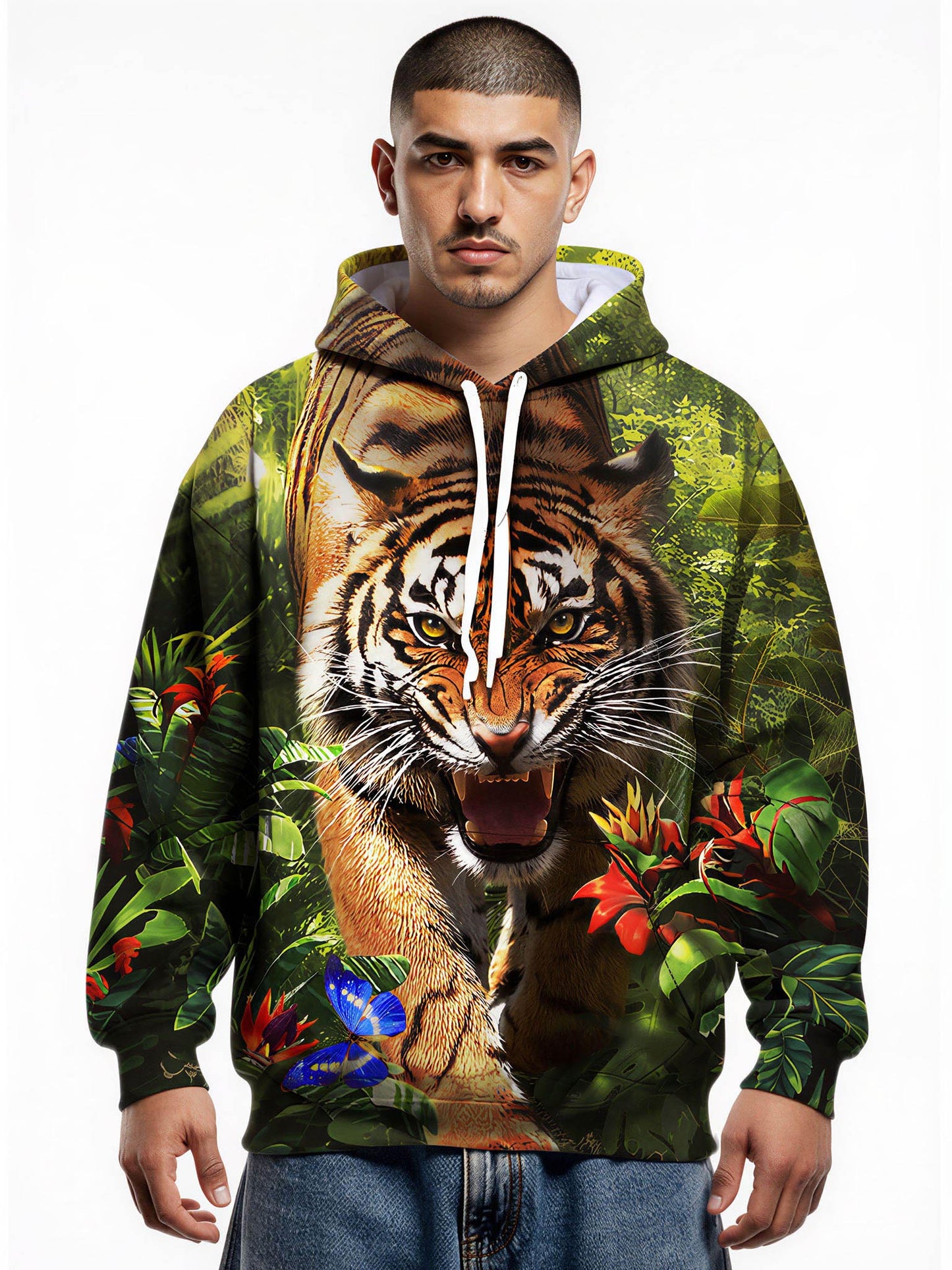 Tiger Jungle 3D All Over Print Hoodie for Men Women, Wild Animal Graphic Pullover Sweatshirt