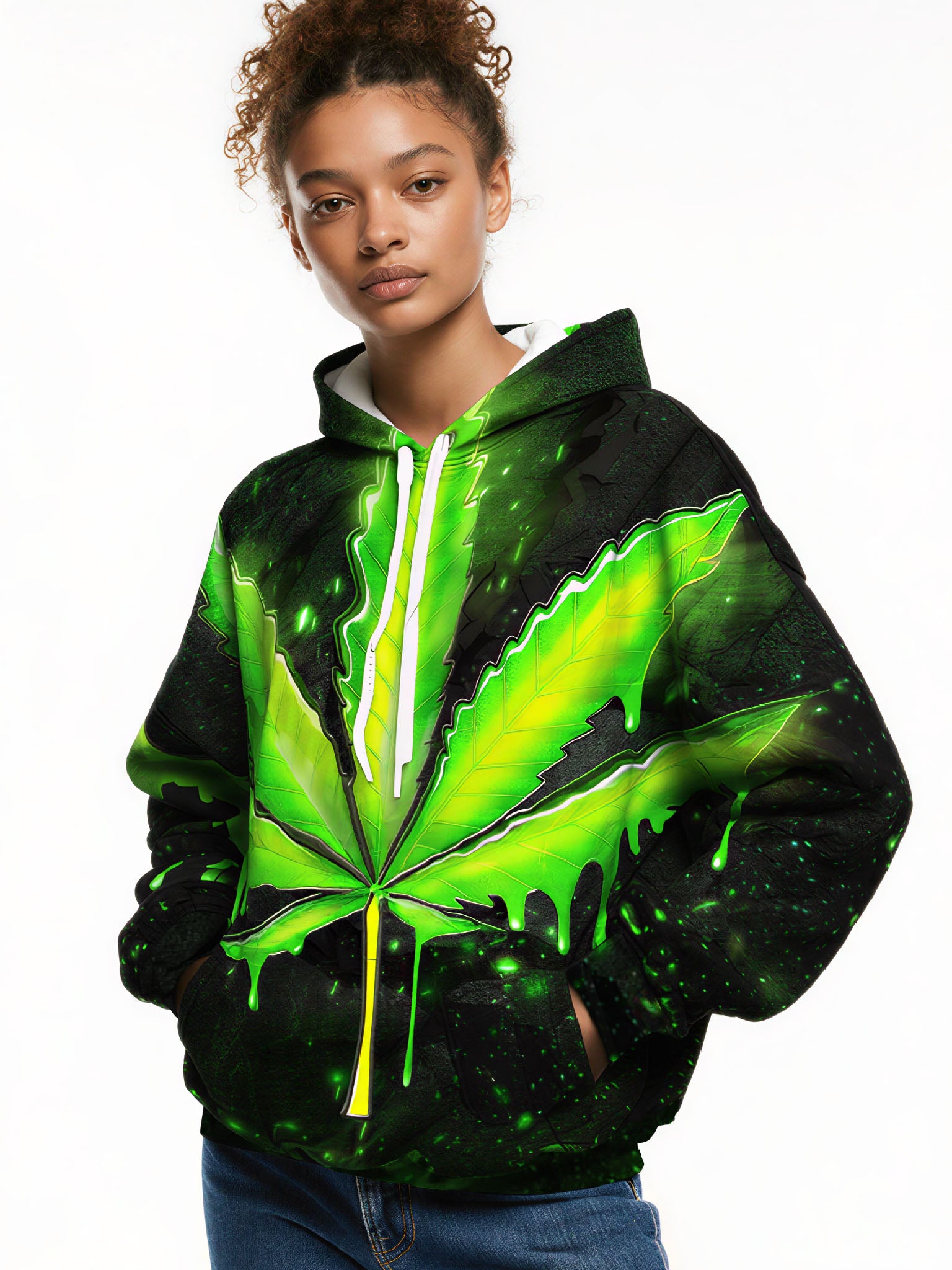 Neon Cannabis Leaf 3D All Over Print Hoodie Unisex Streetwear Cotton Blend