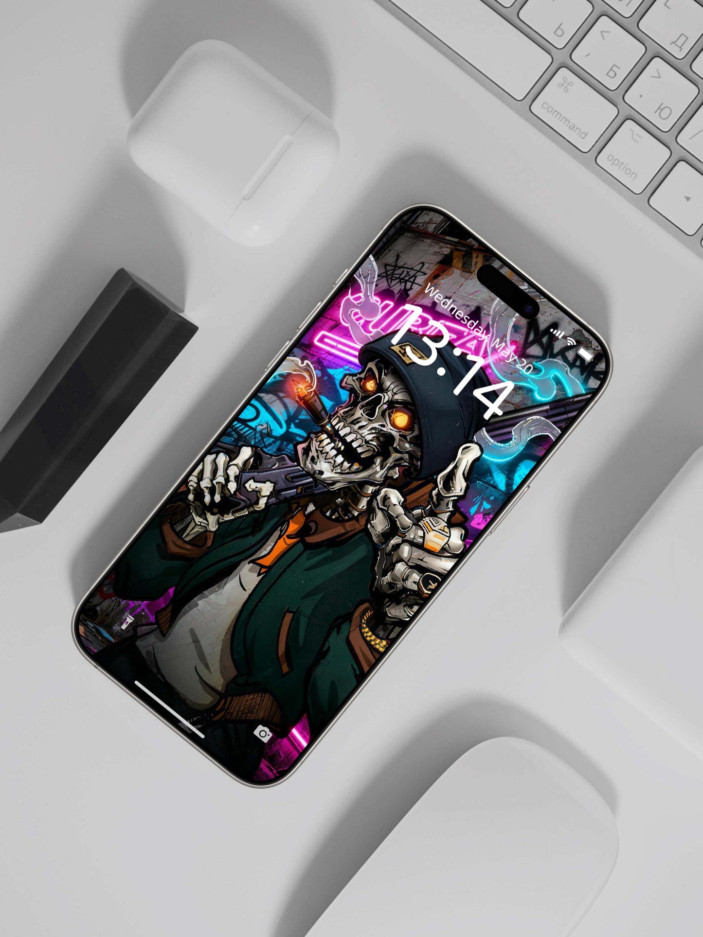 Neon Hip Hop Smoking Skull Digital Wallpaper