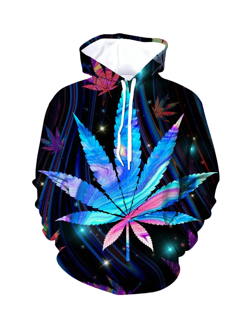 Unisex Pullover Hoodie with 3D All Over Print featuring Psychedelic Cosmic Cannabis Leaf, Y2K Aesthetic Streetwear, Soft Cotton Blend, Loose Fit for Men and Women