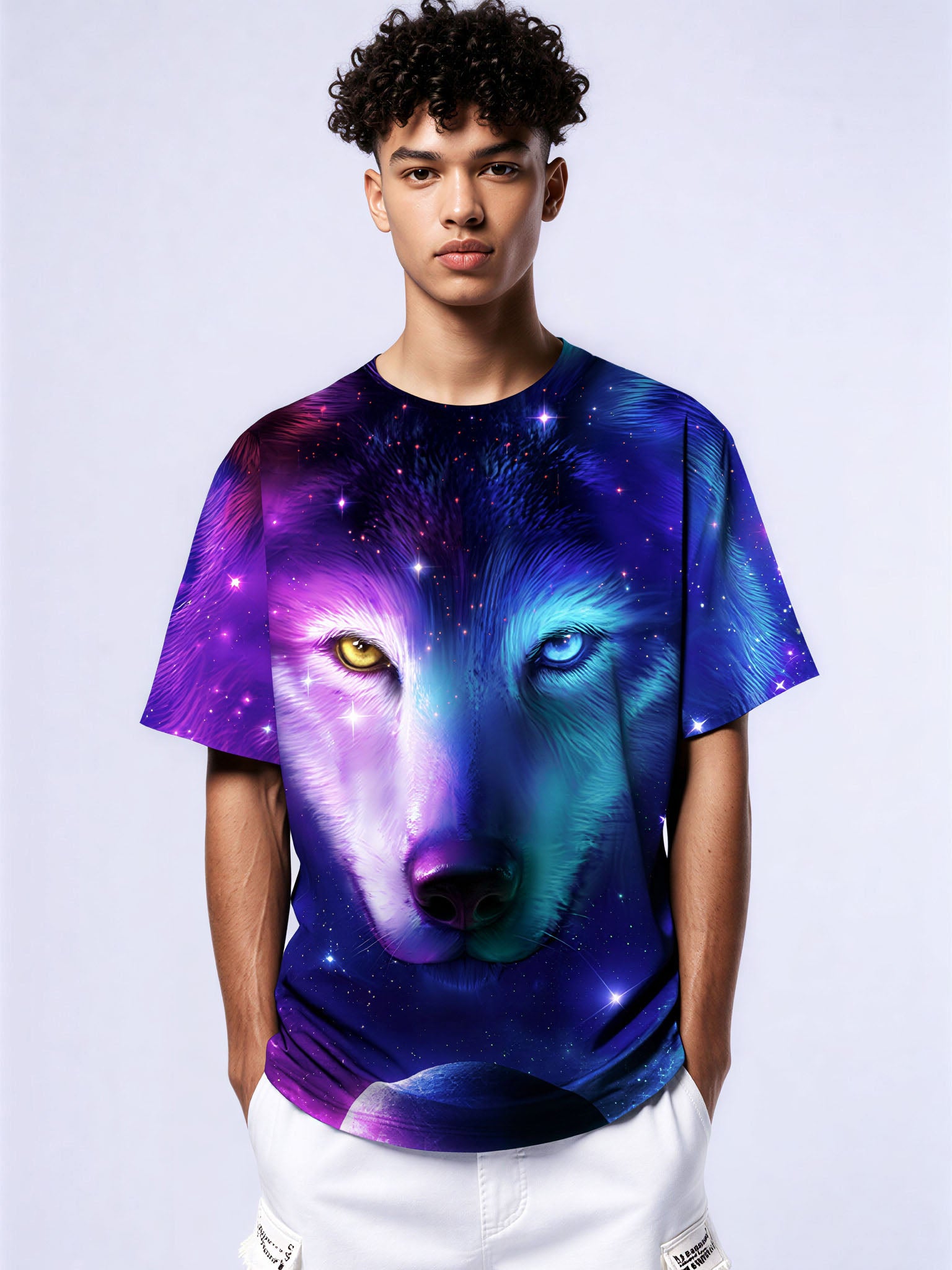 3D All Over Print Wolf Galaxy T-Shirt for Men Women, Cosmic Space Graphic Pullover Sweatshirt