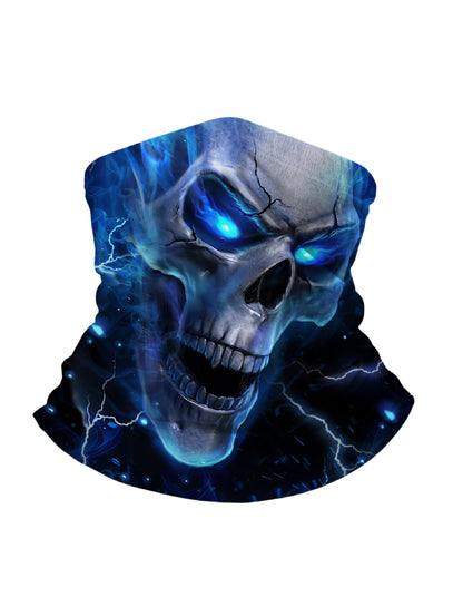 Glowing Blue Skull Lightning 3D Print Neck Gaiter – Unisex Gothic Aesthetic Face Mask