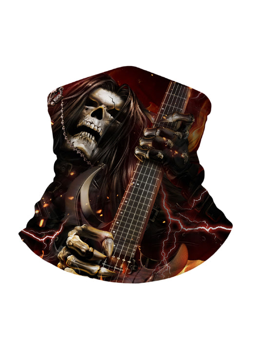 Balaclava with 3D all over print featuring graffiti skull and lightning guitar, Streetwear unisex tube face mask, breathable fabric, windproof for concerts and festivals
