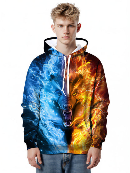 3D All Over Print Fire Ice Wolf Hoodie for Men Women Streetwear Graphic Pullover