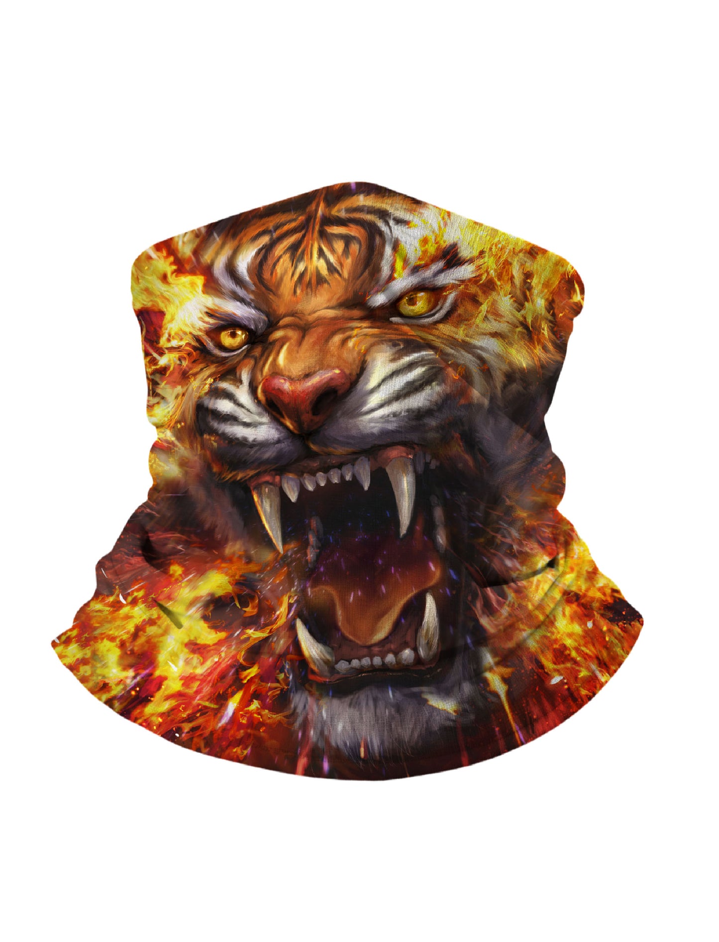 Balaclava with 3D all over print fiery tiger skull, streetwear aesthetic unisex tube face mask, breathable fabric and windproof for outdoor sports