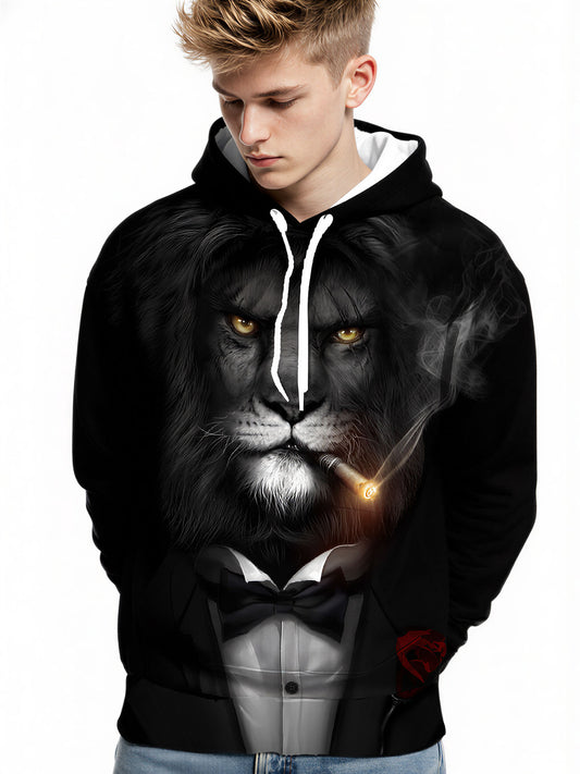 Men Women 3D All Over Print Lion Smoking Hoodie with Bow Tie and Rose Design