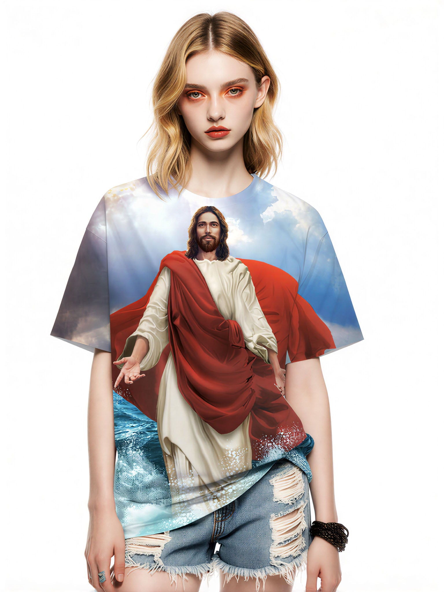 Jesus Walking on Water 3D All Over Print T-Shirt for Men Women Religious Christian Art Sweatshirt
