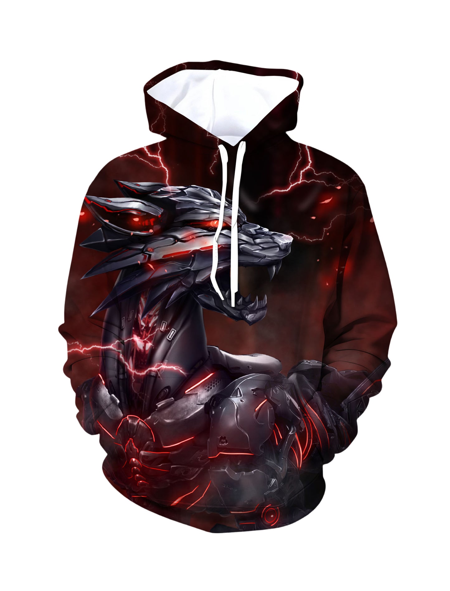 3D Cyber Wolf Hoodie with Lightning Red Glow Design All Over Print For Men Women