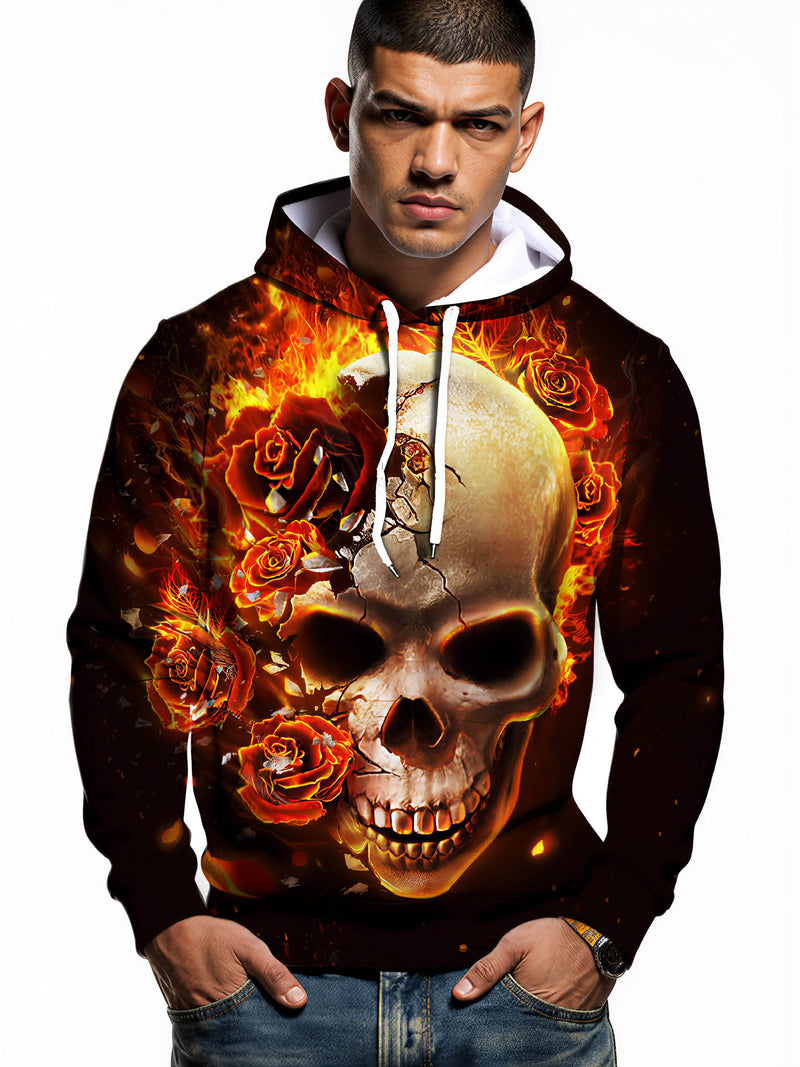 3D All Over Print Skull and Roses Hoodie for Men Women, Fire Flame Graphic Pullover Sweatshirt