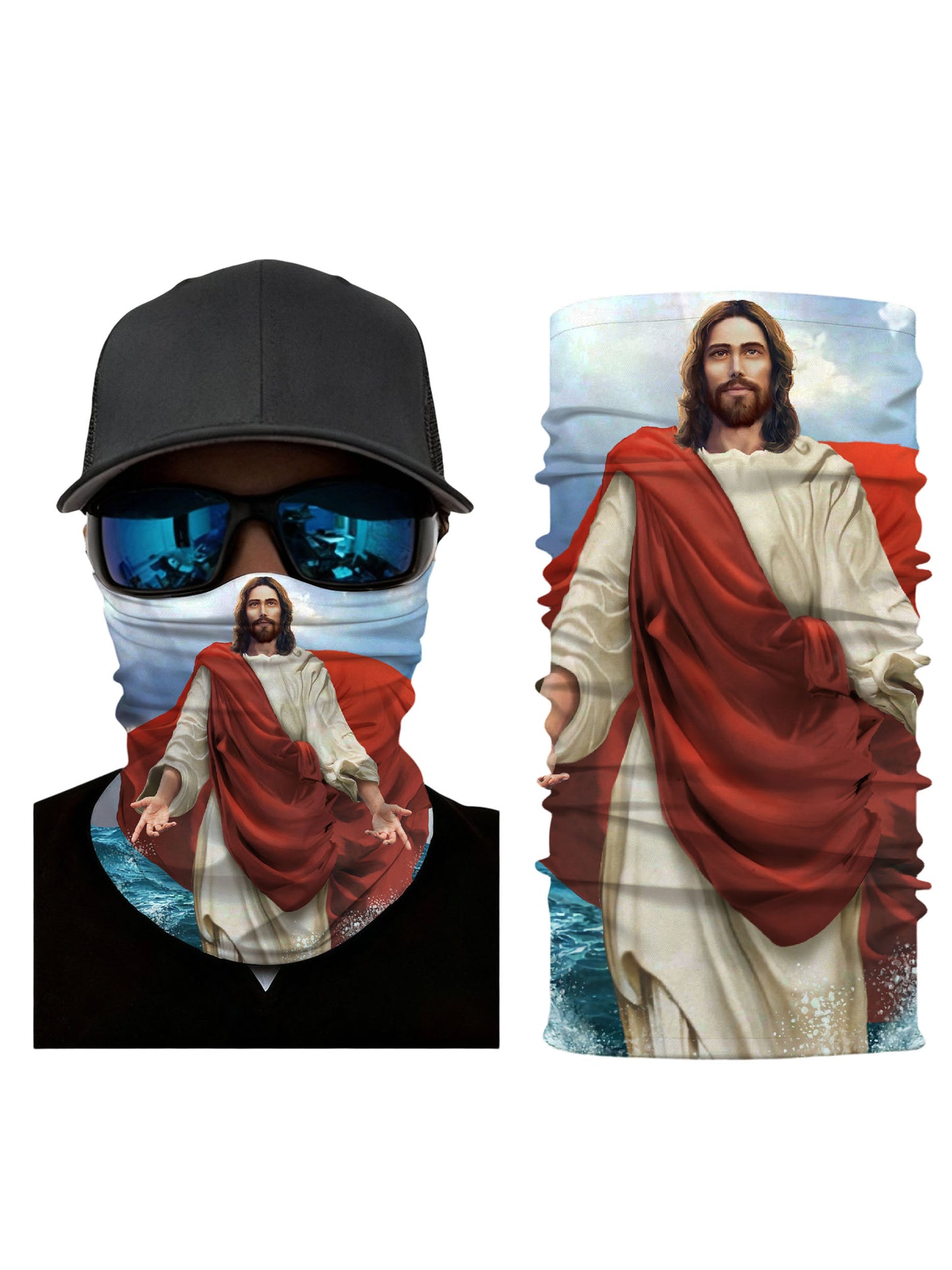 Tube Face Mask with 3D all over print of divine figure walking on water, aesthetic religious art style, unisex breathable fabric for outdoor wear
