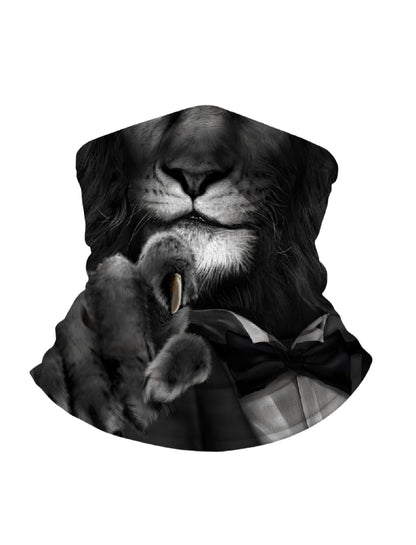 Unisex Balaclava with 3D all over print featuring a sophisticated lion in tuxedo, streetwear aesthetic, soft stretchy and breathable fabric for urban fashion lovers