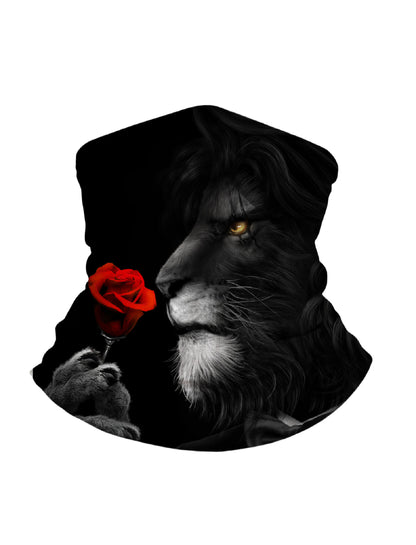Unisex Balaclava with 3D all over print featuring majestic lion holding red rose, streetwear aesthetic, breathable fabric, windproof for outdoor use