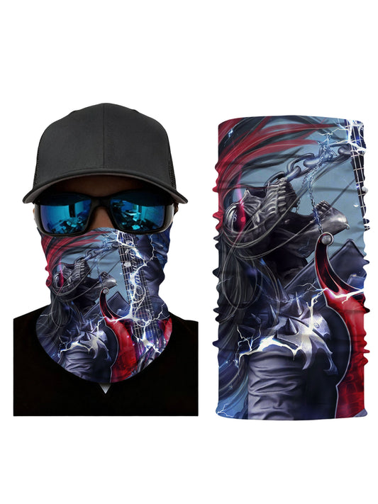 Tube Face Mask with 3D all over print graffiti skull and electric guitar design, Streetwear style unisex neck gaiter, breathable fabric, windproof and durable print