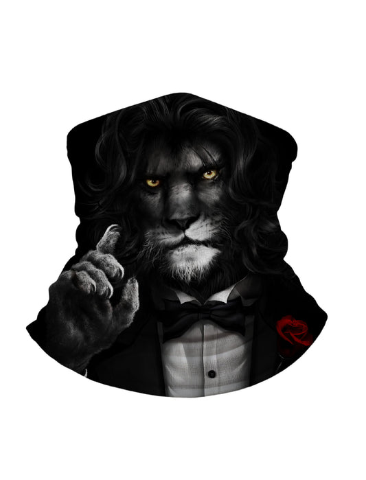Balaclava with 3D all over print featuring anthropomorphic lion in tuxedo, streetwear aesthetic, unisex breathable fabric for urban fashion and cosplay