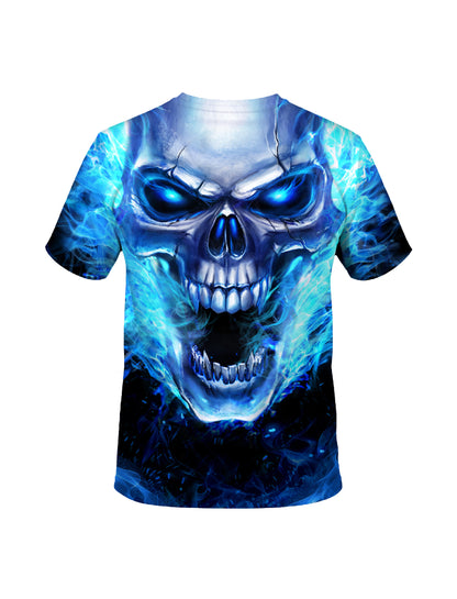 Blue Fire Skull 3D All Over Print T-Shirt for Men Women Streetwear Graphic Pullover
