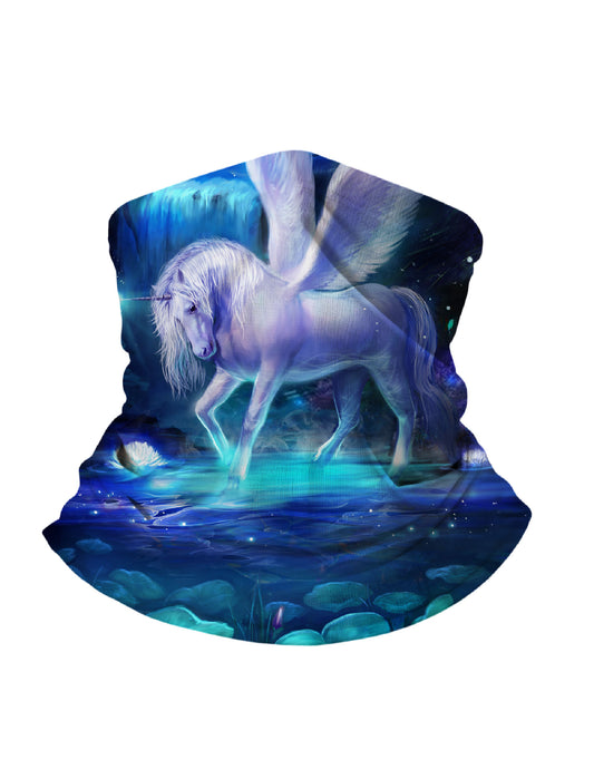 Neck Gaiter with 3D all over print featuring ethereal winged unicorn in galaxy nebula, Aesthetic style, unisex, breathable fabric, UV protection