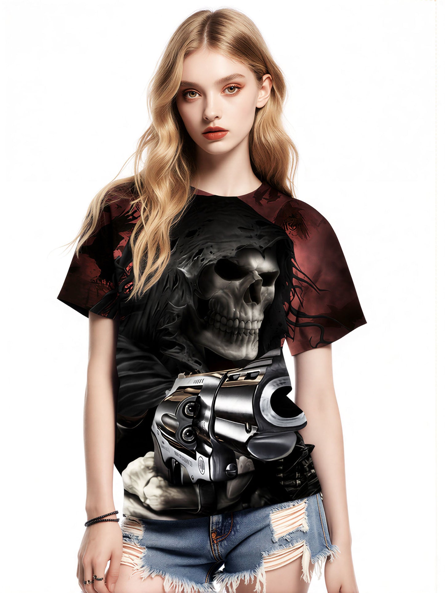 Men Women 3D All Over Print Skull Reaper T-Shirt with Gun Gothic Horror Design