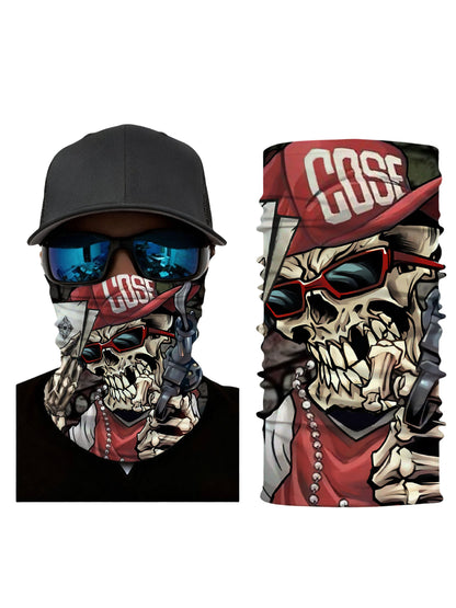 Mask with 3D all over print featuring graffiti skull and raven backdrop, Streetwear unisex tube face mask, soft stretchy breathable fabric for outdoor use